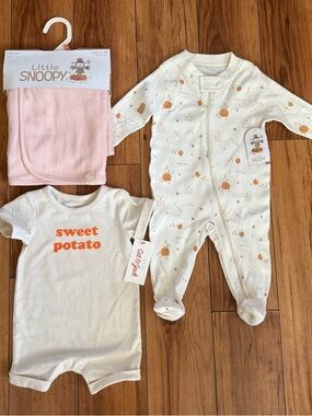 Cream & Pink Baby One-Piece Set - Sweet Potato Romper & Footed Zip Sleeper